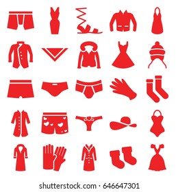 Wear icons set. set of 25 wear filled icons such as baby socks, baby cap, glove, gloves, socks, sandals, man underwear, dress, cravat, jacket, overcoat, panties with heart