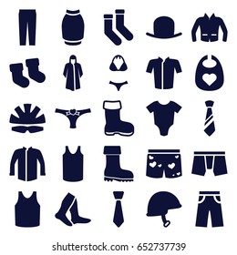 Wear icons set. set of 25 wear filled icons such as boot, baby socks, baby onesie, baby bid, hat, socks, overcoat, man underwear, singlet, jacket, pants, skirt