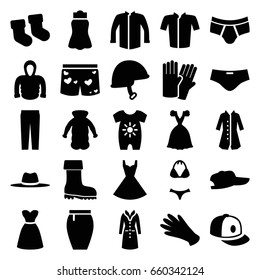 Wear icons set. set of 25 wear filled icons such as baby socks, baby onesie, glove, gloves, man underwear, jacket, pants, skirt, dress, baseball cap, hoodie, overcoat, boot