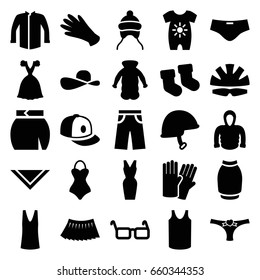 Wear icons set. set of 25 wear filled icons such as baby socks, baby onesie, baby cap, glove, gloves, singlet, jacket, cravat, pants, skirt, dress, baseball cap, hoodie