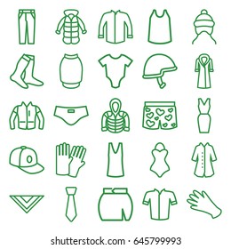 Wear icons set. set of 25 wear outline icons such as baby onesie, baby cap, glove, gloves, socks, singlet, jacket, cravat, pants, skirt, dress, baseball cap, hoodie, overcoat