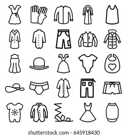 Wear icons set. set of 25 wear outline icons such as baby onesie, baby bid, glove, hat, sandals, man underwear, singlet, jacket, pants, skirt, dress, overcoat, man swim wear