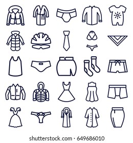 Wear icons set. set of 25 wear outline icons such as baby onesie, socks, man underwear, singlet, jacket, dress, cravat, skirt, hoodie, overcoat, panties with heart, tie