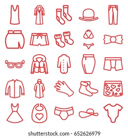 Wear icons set. set of 25 wear outline icons such as baby socks, baby onesie, baby bid, hat, gloves, socks, overcoat, man underwear, singlet, jacket, pants, skirt, dress