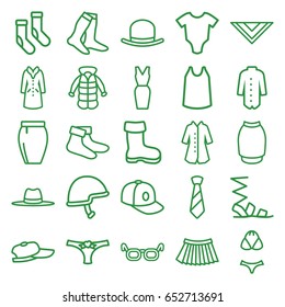 Wear icons set. set of 25 wear outline icons such as boot, baby onesie, hat, socks, sandals, singlet, cravat, skirt, dress, baseball cap, jacket, overcoat, panties with heart