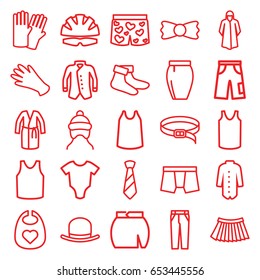 Wear icons set. set of 25 wear outline icons such as baby onesie, baby bid, baby cap, glove, hat, gloves, socks, overcoat, man underwear, singlet, dress, pants, skirt, belt