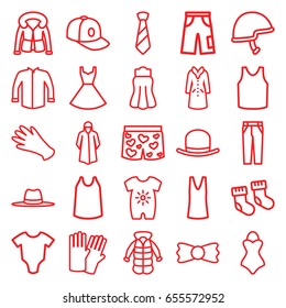 Wear icons set. set of 25 wear outline icons such as baby socks, baby onesie, glove, hat, gloves, overcoat, singlet, jacket, pants, skirt, dress, baseball cap, bow tie