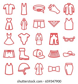 Wear icons set. set of 25 wear outline icons such as baby onesie, gloves, overcoat, man underwear, singlet, jacket, cravat, pants, skirt, dress, baseball cap, belt, bow tie