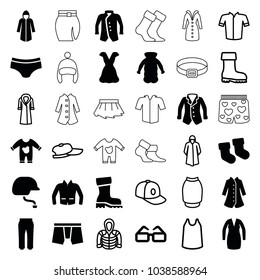 Wear icons. set of 36 editable filled and outline wear icons such as baby socks, man underwear, dress, jacket, overcoat, singlet, skirt, baseball cap, hoodie, boot