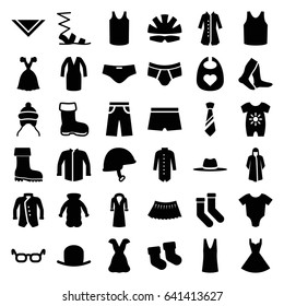 Wear icons set. set of 36 wear filled icons such as boot, baby socks, baby onesie, hat, socks, overcoat, sandals, man underwear, singlet, jacket, dress, cravat, pants, skirt