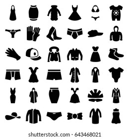 Wear icons set. set of 36 wear filled icons such as baby onesie, glove, gloves, socks, overcoat, man underwear, dress, jacket, skirt, baseball cap, hoodie, bow tie