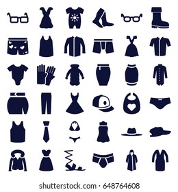 Wear icons set. set of 36 wear filled icons such as baby onesie, baby bid, glove, socks, overcoat, sandals, man underwear, singlet, jacket, dress, pants, skirt, baseball cap