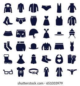 Wear icons set. set of 36 wear filled icons such as boot, baby onesie, baby bid, baby cap, glove, hat, socks, man underwear, singlet, jacket, skirt, dress, belt, overcoat