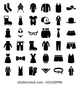 Wear icons set. set of 36 wear filled icons such as boot, baby onesie, baby cap, glove, hat, socks, overcoat, man underwear, dress, singlet, jacket, cravat, pants, skirt