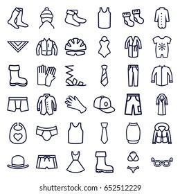 Wear icons set. set of 36 wear outline icons such as boot, baby socks, baby onesie, glove, hat, gloves, socks, sandals, man underwear, singlet, jacket, dress, cravat, pants