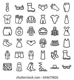 Wear icons set. set of 36 wear outline icons such as boot, baby onesie, baby bid, glove, gloves, socks, overcoat, sandals, man underwear, dress, singlet, skirt, jacket, hoodie