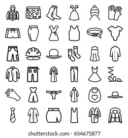 Wear icons set. set of 36 wear outline icons such as baby onesie, baby bid, baby cap, glove, hat, gloves, socks, overcoat, sandals, singlet, dress, pants, skirt, belt, jacket