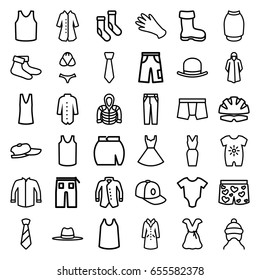 Wear icons set. set of 36 wear outline icons such as boot, baby onesie, baby cap, hat, gloves, socks, overcoat, man underwear, singlet, jacket, pants, skirt, dress