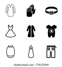 Wear icons. set of 9 editable filled and outline wear icons such as baby onesie, overcoat, dress, pants, skirt, glove