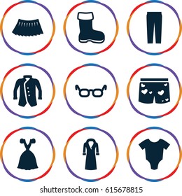 Wear icons set. set of 9 wear filled icons such as boot, baby onesie, pants, skirt, dress, jacket, overcoat, underwear with heart