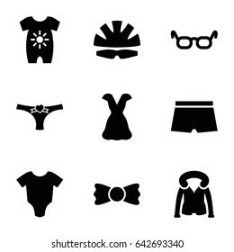 Wear icons set. set of 9 wear filled icons such as baby onesie, dress, overcoat, bow tie, panties with heart, helmet, man swim wear