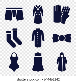 Wear icons set. set of 9 wear filled icons such as glove, socks, overcoat, man underwear, skirt, jacket, bow tie