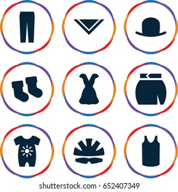 Wear icons set. set of 9 wear filled icons such as baby socks, baby onesie, hat, singlet, cravat, pants, skirt, dress