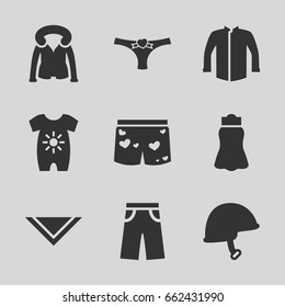 Wear icons set. set of 9 wear filled icons such as baby onesie, jacket, cravat, pants, skirt, overcoat, panties with heart, underwear with heart