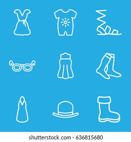 Wear icons set. set of 9 wear outline icons such as boot, baby onesie, hat, socks, sandals, dress, skirt