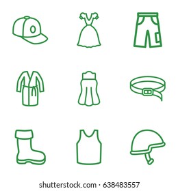 Wear icons set. set of 9 wear outline icons such as boot, singlet, dress, pants, skirt, baseball cap, belt