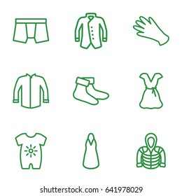 Wear icons set. set of 9 wear outline icons such as baby onesie, gloves, socks, man underwear, dress, jacket