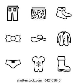 Wear icons set. set of 9 wear outline icons such as baby onesie, socks, pants, jacket, bow tie, boot, underwear with heart, man swim wear