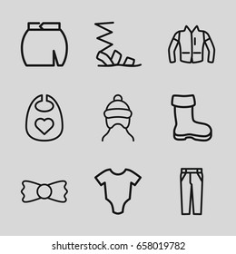 Wear icons set. set of 9 wear outline icons such as boot, baby onesie, baby bid, baby cap, sandals, pants, skirt, jacket