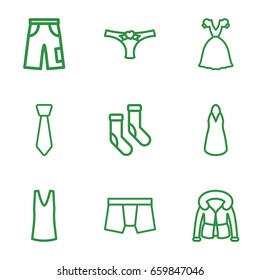 Wear icons set. set of 9 wear outline icons such as socks, man underwear, dress, singlet, pants, overcoat, panties with heart
