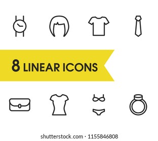 Wear icons set with bag, swimsuit and woman polo elements. Set of wear icons and necktie concept. Editable vector elements for logo app UI design.