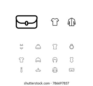 Wear icons set with cap, woman polo and swimsuit elements. Set of wear icons and polo concept. Editable vector elements for logo app UI design.
