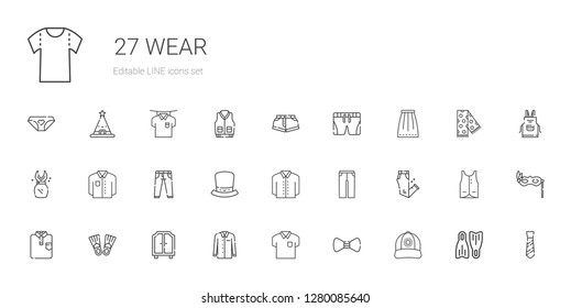 wear icons set. Collection of wear with cap, bow tie, shirt, wardrobe, flippers, trousers, hat, jeans, dress, skirt, shorts, tie, eye mask, vest. Editable and scalable wear icons.