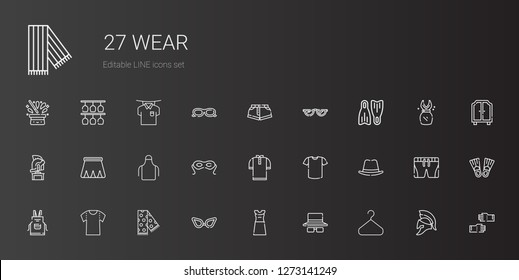 wear icons set. Collection of wear with hanger, sunglasses, dress, glasses, scarf, shirt, apron, hat, eye mask, skirt, helmet, flippers, shorts. Editable and scalable wear icons.