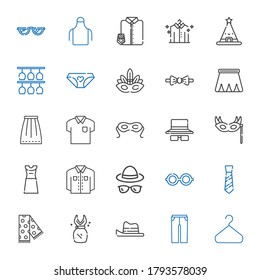 wear icons set. Collection of wear with hanger, trousers, hat, dress, scarf, tie, glasses, shirt, eye mask, sunglasses, skirt, bow tie, panties. Editable and scalable wear icons.