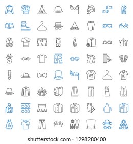 wear icons set. Collection of wear with jacket, hat, top hat, flippers, eye mask, jeans, shirt, apron, trousers, skirt, glasses, vest, dress. Editable and scalable wear icons.