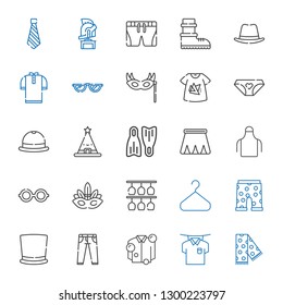 wear icons set. Collection of wear with scarf, shirt, jeans, top hat, swim suit, hanger, glasses, eye mask, apron, skirt, flippers, hat, panties. Editable and scalable wear icons.