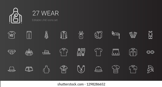 Wear Icons Set. Collection Of Wear With Shirt, Hat, Bib, Football Jersey, Apron, Shorts, Skirt, Flippers, Eye Mask, Panties, Dress, Helmet, Glasses. Editable And Scalable Wear Icons.