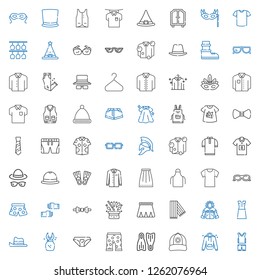 wear icons set. Collection of wear with sportswear, hoodie, cap, flippers, swim suit, panties, dress, hat, jacket, scarf, skirt, bow tie, glove. Editable and scalable wear icons.