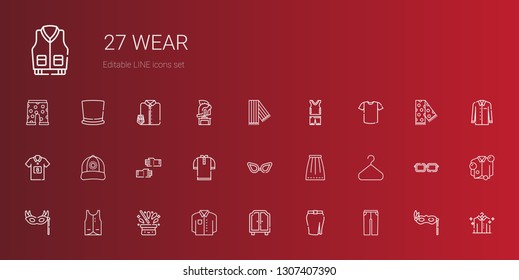 wear icons set. Collection of wear with trousers, skirt, wardrobe, shirt, hat, vest, eye mask, hanger, glasses, glove, cap, football jersey. Editable and scalable wear icons.