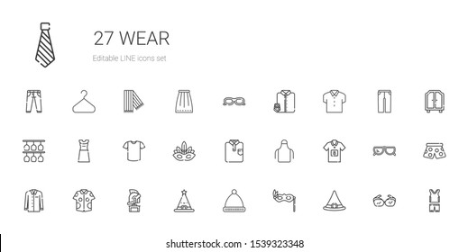 wear icons set. Collection of wear with witch hat, eye mask, winter hat, hat, helmet, shirt, football jersey, apron, dress, glasses, suit and tie. Editable and scalable wear icons.