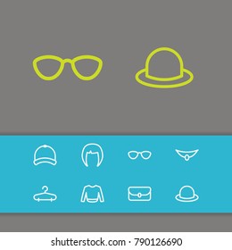 Wear icons set with fedora, eyeglasses and bag elements. Set of wear icons and headwear concept. Editable vector elements for logo app UI design.