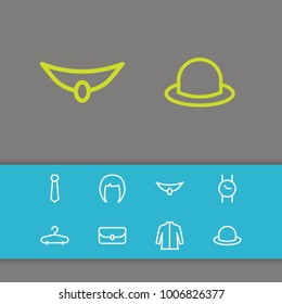 Wear icons set with hanger, jacket and necklace elements. Set of wear icons and hairstyle woman concept. Editable vector elements for logo app UI design.