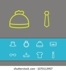 Wear icons set with ring, bowler and tie elements. Set of wear icons and hat concept. Editable vector elements for logo app UI design.