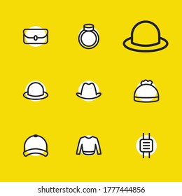 Wear icons set with sweater, fedora and smart watch elements. Set of wear icons and sweatshirt concept. Editable vector elements for logo app UI design.