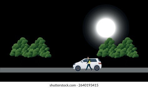 Wear light or reflective clothing at night .Road worker walking along a dimly lit street at night, wearing a reflective vest. Parked car nearby, with full moon illuminating the scene 